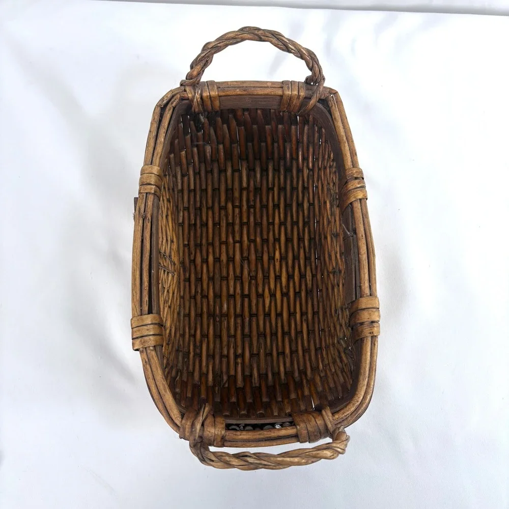 Vintage Chinese Woven Willow Basket Brown Woven Handles Wabi-Sabi